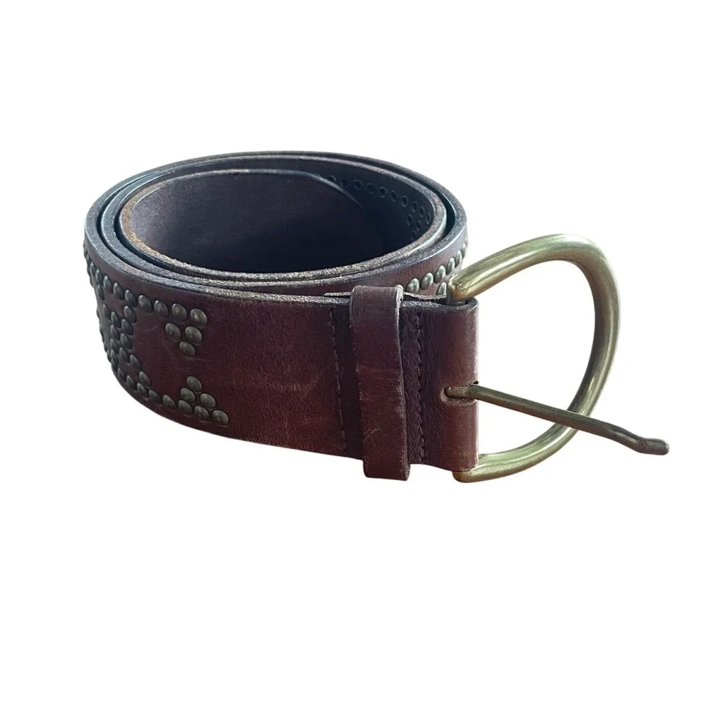 Banana Republic Brown Leather Studded Belt Brass Buckle Wide Boho Medium Y2K